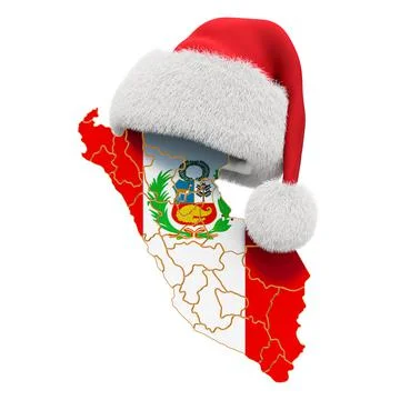 Peruvian map with red Santa hat. New Year and Christmas holidays concept, 3D  Illustrazione stock