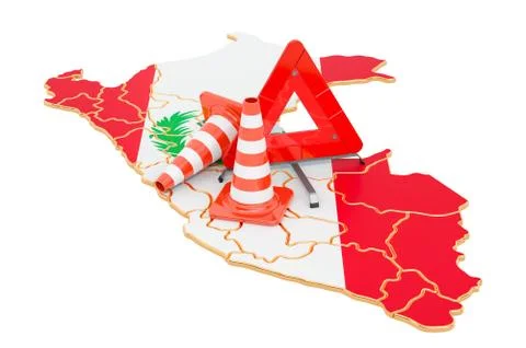 Peruvian map with traffic cones and warning triangle, 3D rendering Illustrazione stock