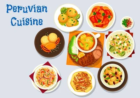 Peruvian meat and vegetable dishes with cookies Stock Illustration