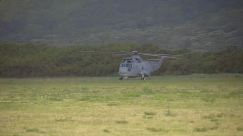 Peruvian Navy Agusta SH-3D Sea King helicopter landing during air assault Stock Footage 280385659