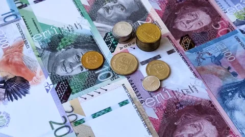 Peruvian paper currency cash sol for payments and settlements. Peruvian cash Stock Footage 342340574