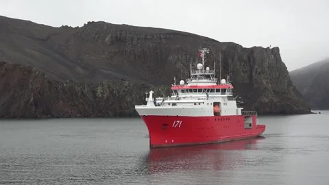 Peruvian Research Vessel B.A.P. Carrasco in Deception Island, Antarctica Stock Footage 344548768