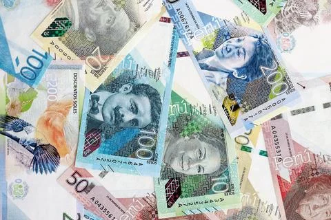 Peruvian sol paper banknotes pile on table. Peru PEN currency money bills in big Stock Photos