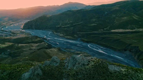Peruvian Valley with semi-dry riverbed at Sunset Aerial 스톡 동영상 113127632