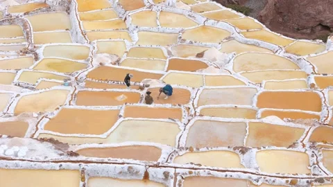 Peruvian workers at Salinas de Maras near Cusco, salt extraction in Peru Stock Footage 257135836