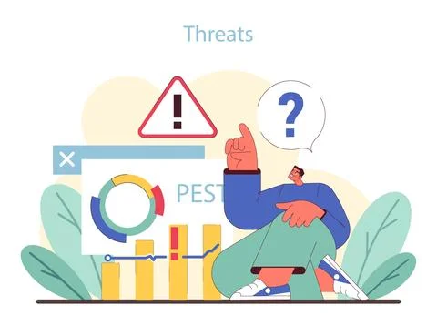 PEST analysis threats. Analyst contemplating business risks with warning sign. Illustrazione stock