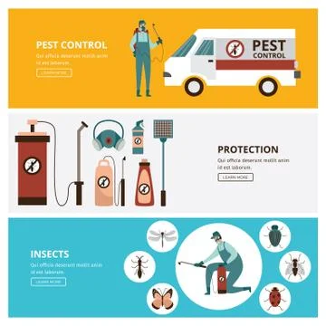 Pest and insects control banners or flyers set flat vector illustration. Stock Illustration
