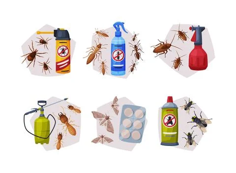 Pest Control and Insect Extermination Service with Chemical Bottle Vector Set 스톡 일러스트