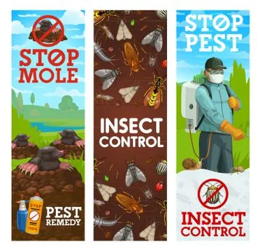 Pest control banners, worker spraying insecticide Stock Illustration