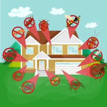 Pest control concept with insects exterminator silhouette flat vector illus.. Stock Illustration