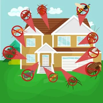 Pest control concept with insects exterminator silhouette flat vector illus.. Stock Illustration
