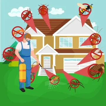 Pest control concept with insects exterminator silhouette flat vector illus.. Stock Illustration