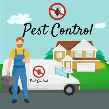 Pest control concept with insects exterminator silhouette flat vector illus.. Stock Illustration