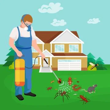 Pest control concept with insects exterminator silhouette flat vector illus.. Stock Illustration