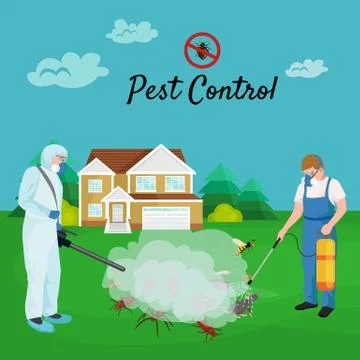 Pest control concept with insects exterminator silhouette flat vector illus.. Stock Illustration