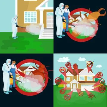 Pest control concept with insects exterminator silhouette flat vector illus.. Stock Illustration