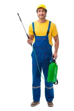 Pest control contractor isolated on white background Foto stock