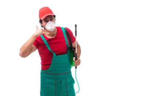 Pest control contractor isolated on white background Foto stock