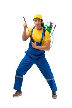 Pest control contractor isolated on white background Foto stock