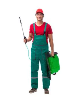 Pest control contractor isolated on white background Foto stock