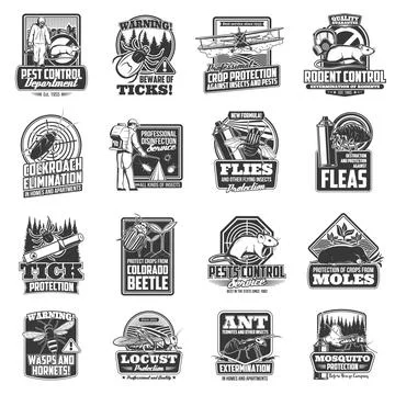 Pest control exterminator, bug and insect icons Stock Illustration
