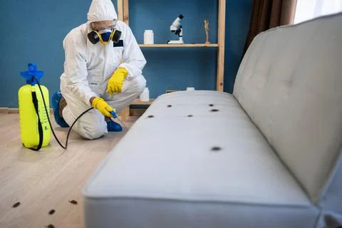 Pest control exterminator in protective suit and respirator mask with yellow Stock Photos