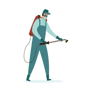Pest control exterminator spraying toxic spray flat vector illustration isolated Stock Illustration