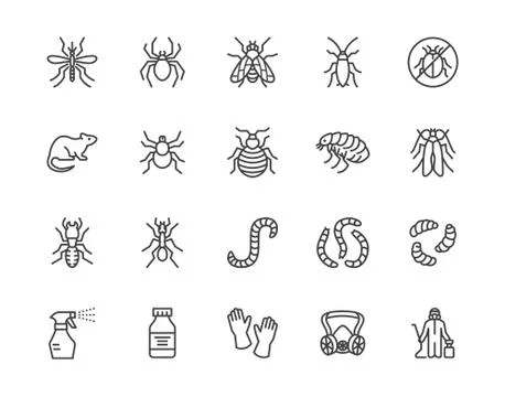 Pest control flat line icons set. Insects - mosquito, spider, fly, cockroach Illustration