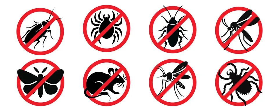 Pest control. Icon set. Insect repellent emblem. Isolated forbidding and wa.. Stock Illustration
