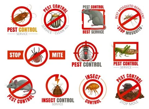 Pest control icons with insects and animals Stock Illustration