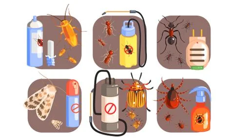 Pest Control Icons Set, Extermination of Harmful Insects, Tick, Cockroach, Moth Illustration