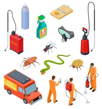 Pest control isometric. Insect fumigation rodent poison exterminator specialist Stock Illustration