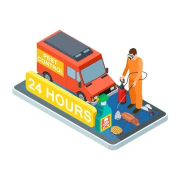 Pest control isometric. Vector disinfection service for home and office Stock Illustration