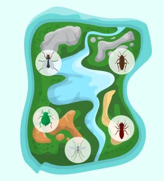 Pest control over separate green island with river and mountains. Banner Stock Illustration