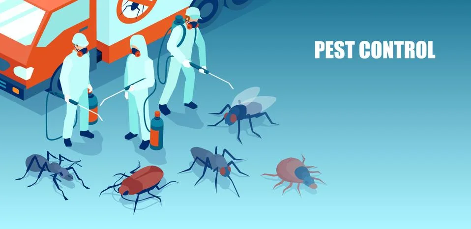 Pest control professional team exterminating insects Stock Illustration