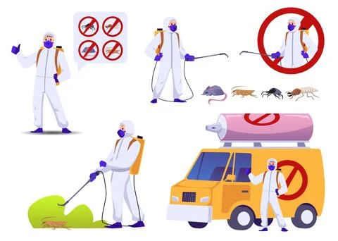 Pest control service exterminator, set of flat vector illustrations isolated on Stock Illustration