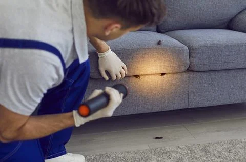 Pest control service worker with flashlight looking at sofa with crawling 스톡 사진