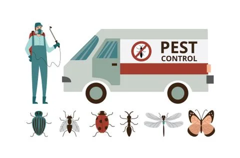 Pest control set with worker and insects, flat vector illustration isolated. Stock Illustration