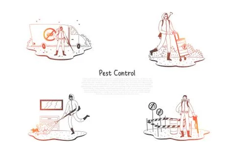 Pest control - special workers in uniform with equipment taking control of pe Stock Illustration
