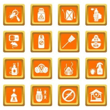 Pest control tools icons set orange square Stock Illustration