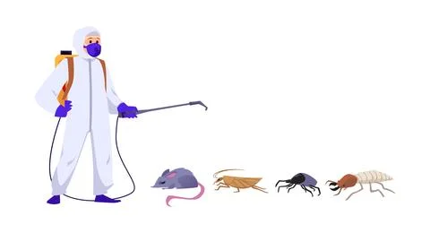Pest control worker with pests and insects, flat vector illustration isolated. Illustration