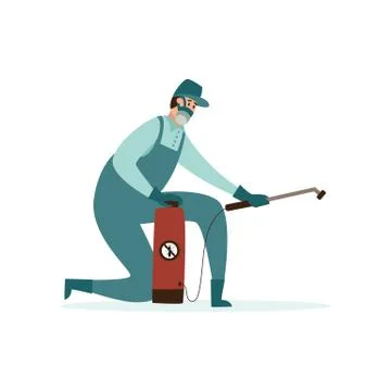 Pest control worker in safety mask spraying chemical exterminator. Stock Illustration