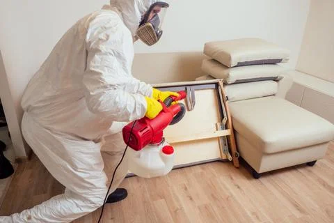Pest control worker in uniform spraying pesticides under couch in living lounge Stock Photos