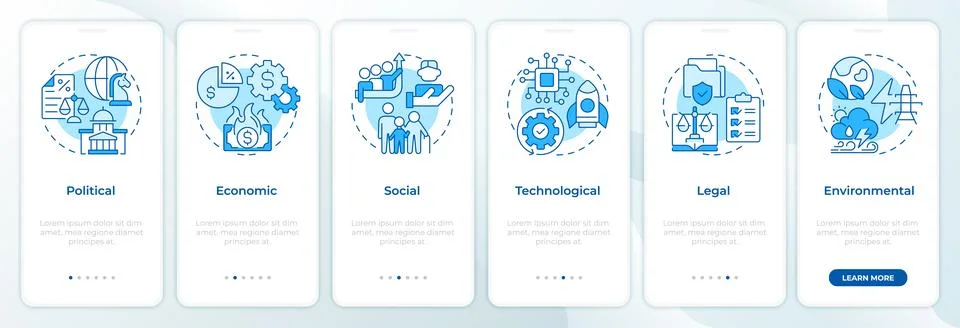 PESTLE analysis blue onboarding mobile app screen Stock Illustration