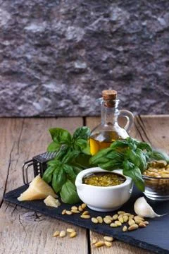 Pesto sauce and ingredients Stock Photos