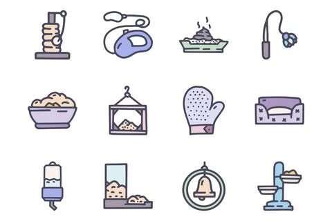Pet accessories color vector doodle simple icon set Stock Illustration
