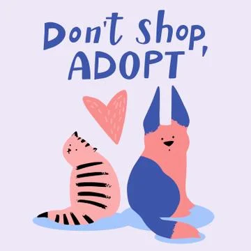 Pet Adoption Card. Vector flat illustration of cute cat and dog with heart an Illustrazione stock