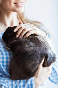 Pet and Easter concept - Happy girl hugging brown rabbit at home. Stock Photos