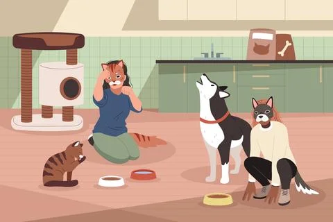 Pet and people eats at home. Quadrober games, imitation of animal behavior Stock Illustration