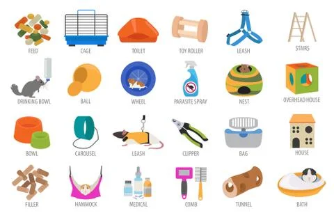 Pet appliance icon set flat style isolated on white. Rodents care collectio.. Stock Illustration